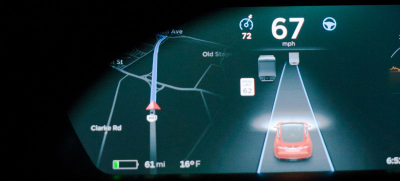 View of a Tesla Model S in its self-driving mode. Photo credit: Raphael Orlove